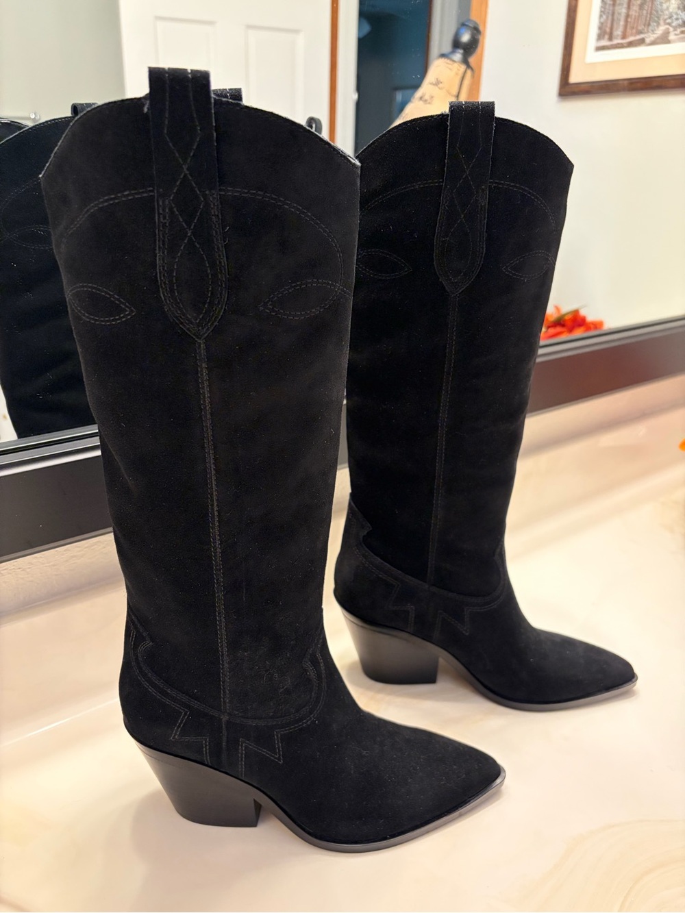 NWTs Nine West Black Suede Western tall Boots